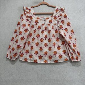 J Crew Blouse Womens Small Multicolor Floral Square Neck Ruffle Long Sleeve Top